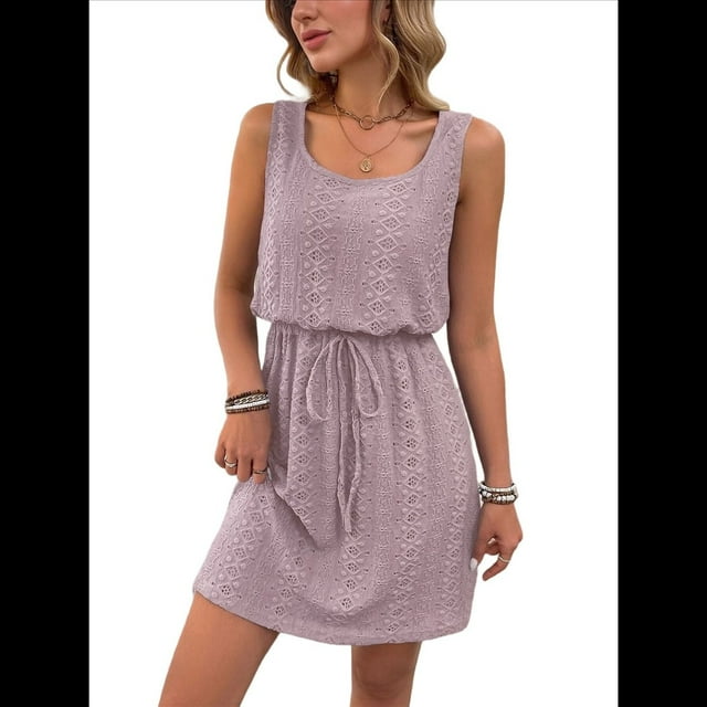Vestido Mini con Cordón Texturizado y Calado para Mujer, Rosa y , Talla S