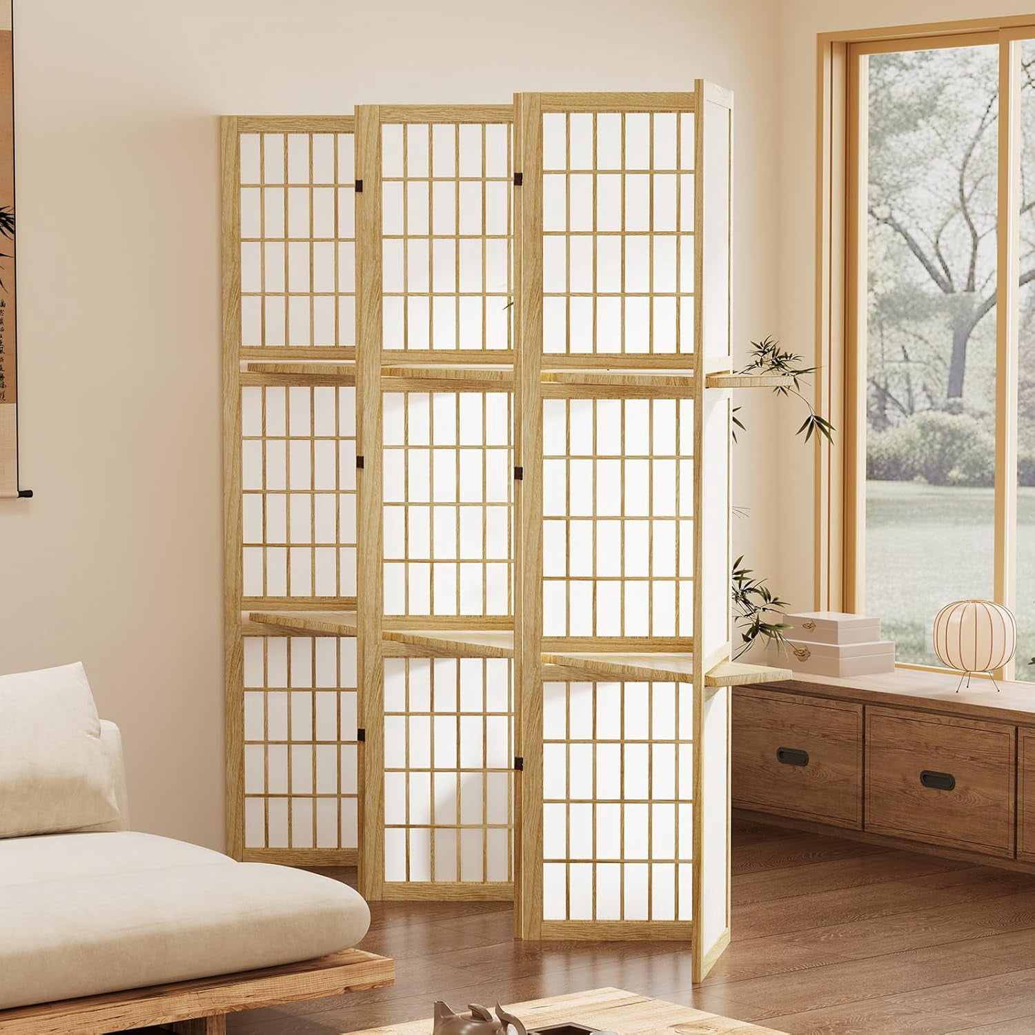 5.6FT Room Divider and Folding Portable Partition Screen, Chinese Japanese Shoji Style with Three Display Shelves for Room Separation - 6 Panel (Natural)