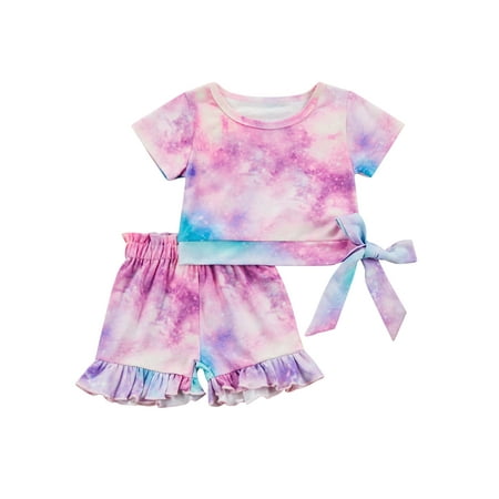 

TheFound Toddler Baby Girls Summer 2Pcs Outfit Knotted Short Sleeve T-Shirt + Tie Dye Print Ruffle Shorts 2 Piece Clothes