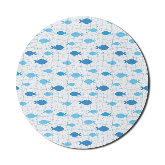 Fish Mouse Pad for Computers, Fish Net with Polka Dots Abstract Animal Silhouettes Nature Inspired Image, Round Non-Slip Thick Rubber Modern Mousepad, 8" Round, Blue Pale Blue White, by Ambesonne