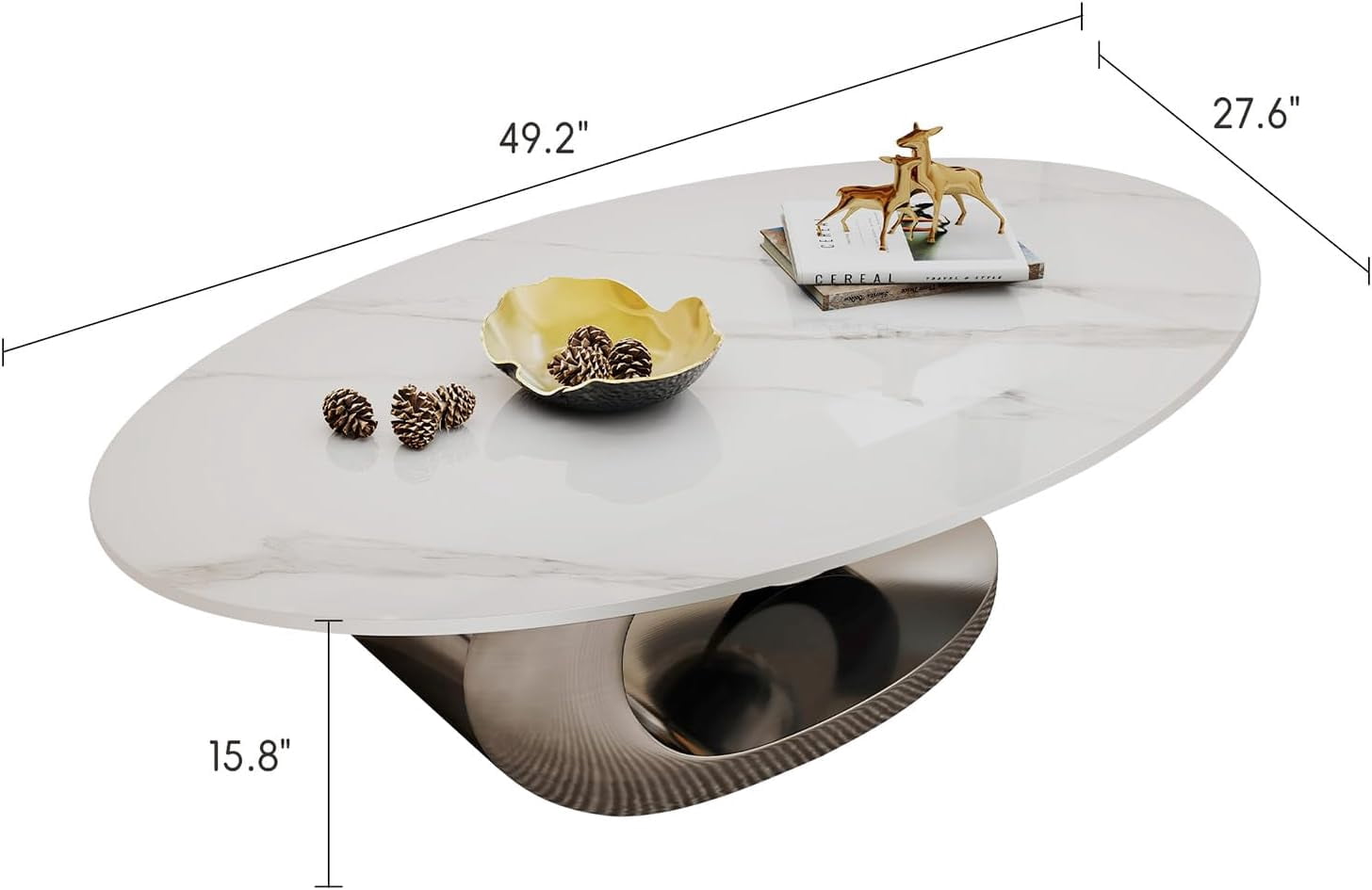 Modern Oval Stone Coffee Table with Gray Metal Base - Elegant Centerpiece for Stylish Living Rooms - 49.2" Lx27.6 Wx15.8 H