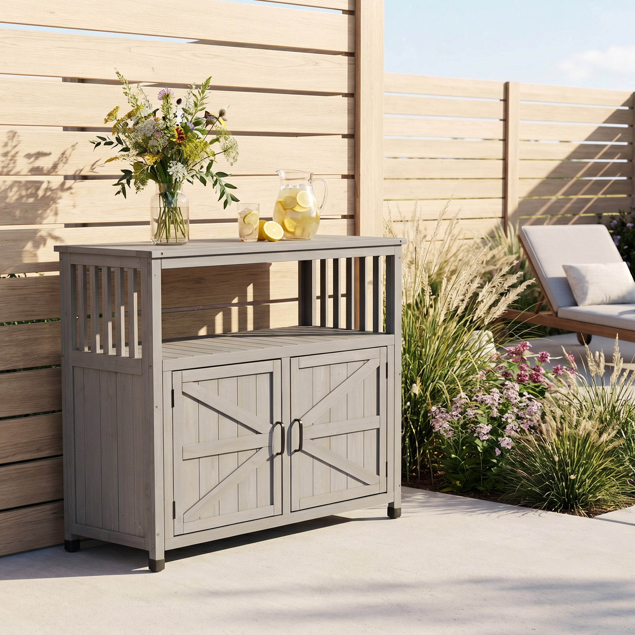 Wooden Patio Bar Set, Sideboard Storage Cabinet Combination Furniture for Indoor Outdoor Garden Backyard, Grey