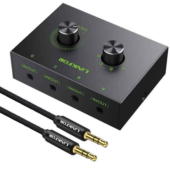 Conmutador de audio para estéreo de 4 puertos de 3,5 mm con control de volumen