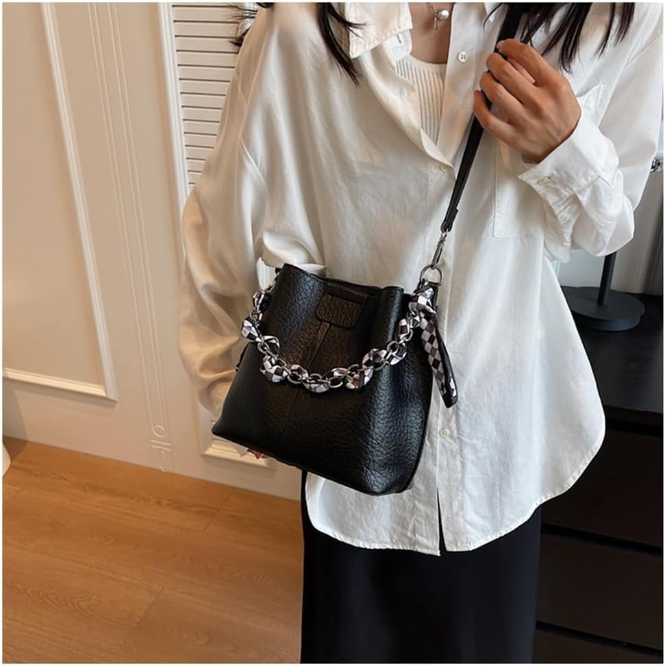 Leather Bucket Bag with Thick Chain for Women Hobo Bucket Bags and Purses Casual Crossbody Shoulder Bucket Handbag