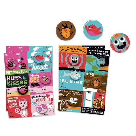 B-THERE 24 Count School Valentine Day Cards with Buttons, Fun and Cute Illustrated Cards with Matching Buttons for Kids Valentines (Valentines Card Messages For Best Friend)