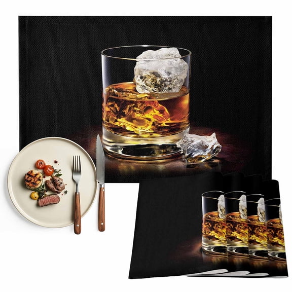 Placemats Set of 4, Whisky Glass Cups Place Mats Iced Wine Tablemats Washable Placemat Table Decoration for Kitchen Table Dinner Party Home Decor Indoor Outdoor 13x19 Inch