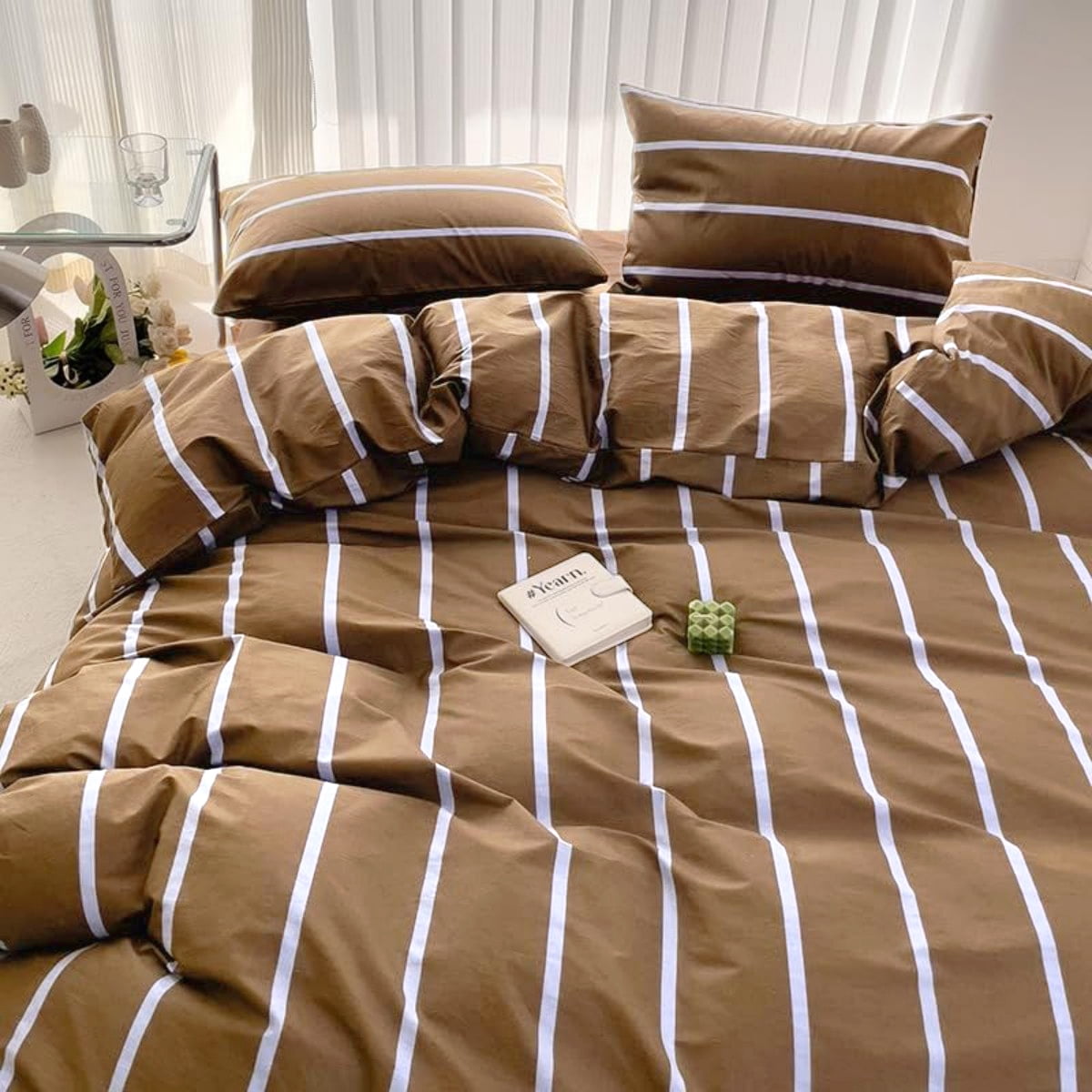 NAYOROOM Brown Blue Striped Duvet Cover Queen Set, 3-Piece Retro Vertical Ticking Stripes Breathable Comforter Cover
