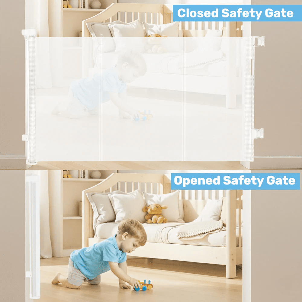 Baby Proof Me Retractable Baby Gate, Extra Wide Mesh Child Safety Gate, 34" Tall x 71" Wide, White