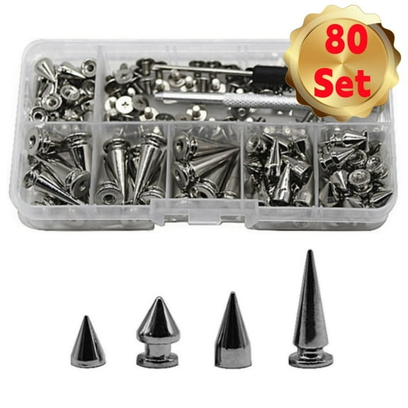 Bopika Assorted Silver Spike Studs and Rivets Set for Leather Craft and Clothing, 80 Sets