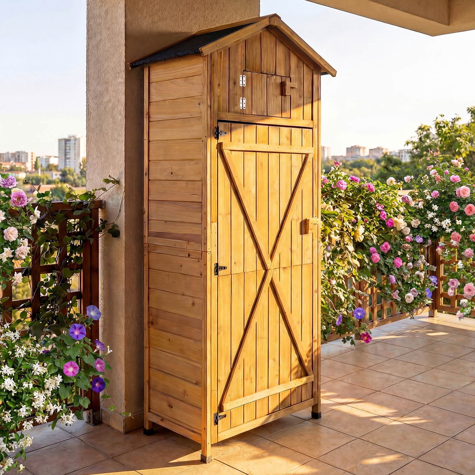 Costway Outdoor Lockable Wooden Storage Shed with Shelves, 71"x29.5"x20", Natural