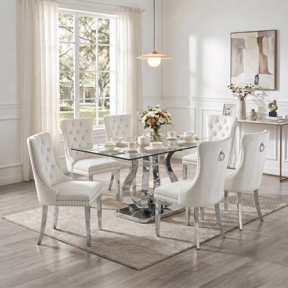 7-Piece Rectangular Dining Set, 69" Tempered Glass Tabletop with Elegant Floral Stainless Steel Base, 6 Velvet Tufted Dining Chairs, for Dining Rooms, Apartments