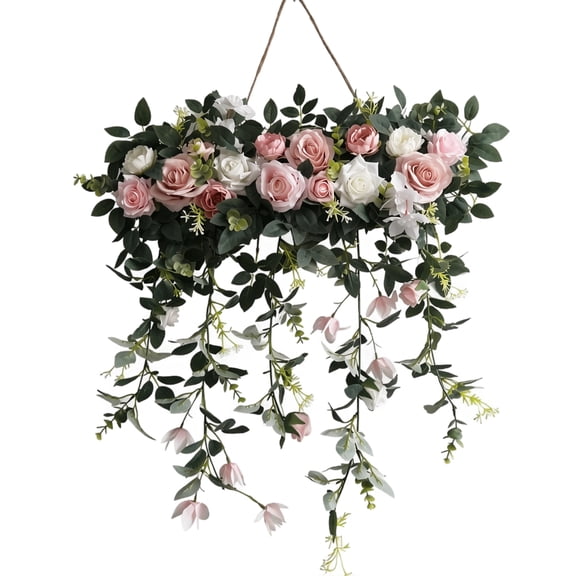 Hanging Wall Decor, Hanging Artificial Flowers, Artificial Roses, Floral Decorations, Pink White Artificial Floral Door Hanger Wreath with Trailing Vines, 28X26X14 in for Entryway