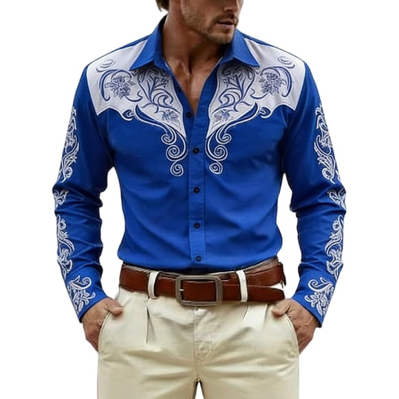 Men's Western Style Print Long Sleeve Casual Shirt, Turndown Collar Button Down Top, Comfortable Olive Green Cowboy Shirt for Daily Wear, Outdoor Relaxation