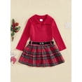 thumbnail image 3 of Suealasg 2Pcs Little Girls Christmas Skirt Outfits Toddler Kids Girls Fall Winter Clothes 1T 2T 3T 4T 5T Long Sleeve Ribbed Shirts Tops Plaid A-line Skirt Sets with Belt, 3 of 7