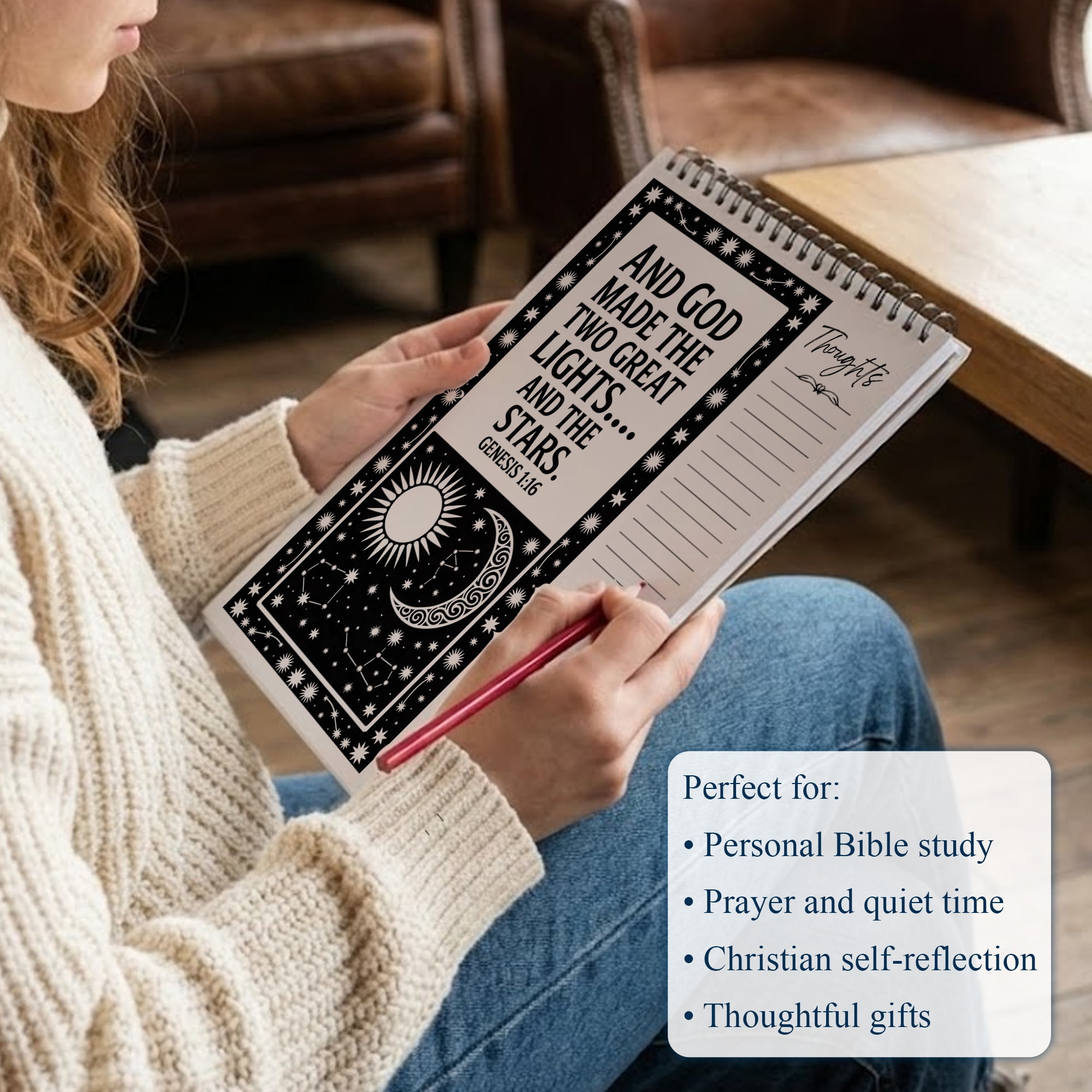 Genesis Monochrome Coloring Book for Adults, 30 Minimalist Scripture Art Pages with Reflection & Prayer Space, Spiral Bound, A4 or A5 Softcover or Wood Cover