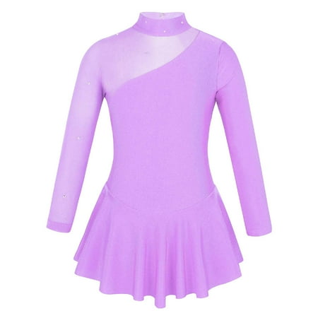 

MSemis Little Big Girls Mock Neck Mesh Splice Figure Ice Skating Dress Gymnastics Skirted Leotard