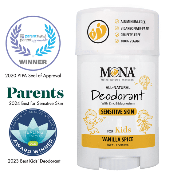 MONA 100% Natural Deodorant for Kids | for Girls & Boys | Sensitive Skin |  Vegan | No Baking Soda, Synthetic scents or Aluminum (VANILLA SPICE 1.76 oz)