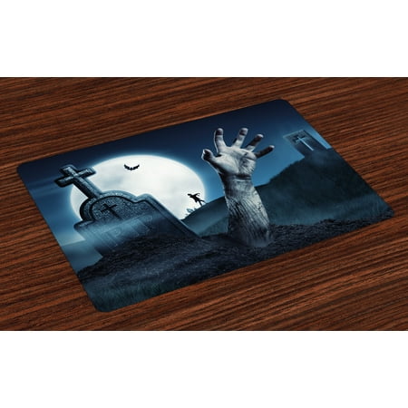 Devils Table - Zombie Placemats Set of 4 Dead Person Arm Cemetery Bat Flying Full Moon Ghost Devil Illustration Design, Washable Fabric Place Mats for Dining Room Kitchen Table Decor,Slate Blue Grey, by Ambesonne