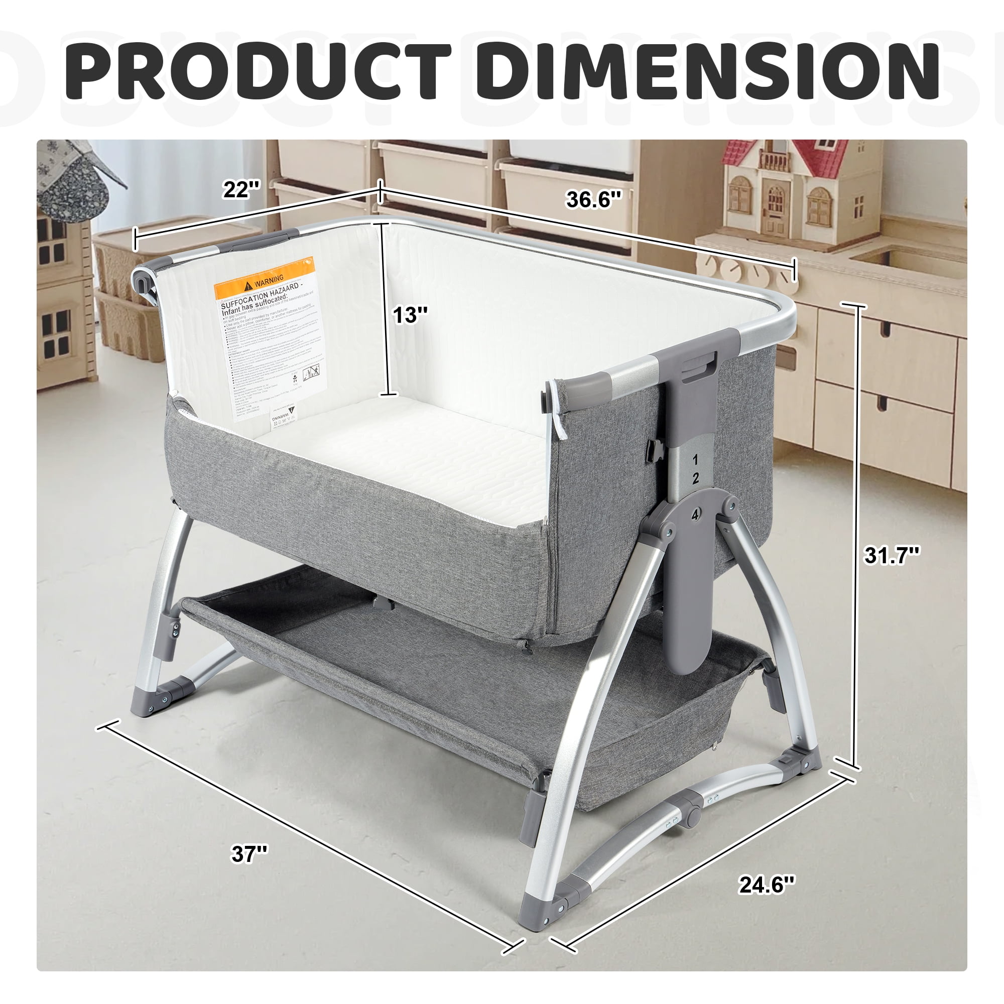 Signature Fitness Baby Cradle with Aluminum Frame and Cotton-Linen Fabric, Gray, Portable and Comfortable Infant Rocking Bassinet