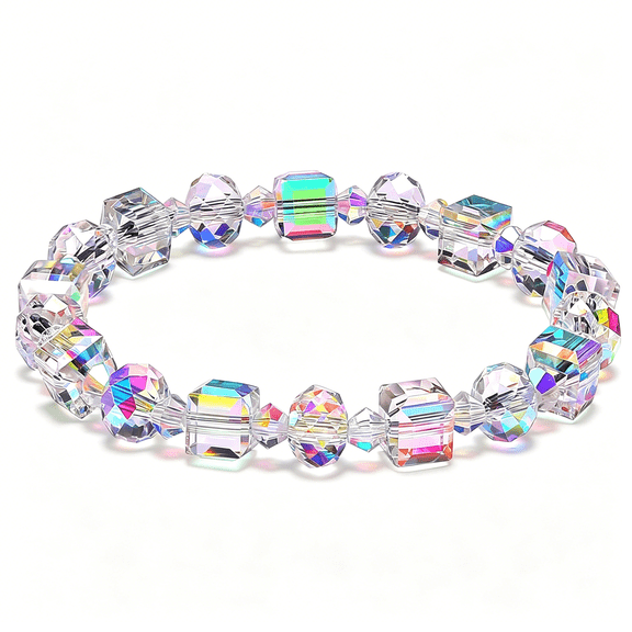 DESIGNICE Borealis Crystal Bracelet for Women-Stretchy Iridescent Faceted Beads with Ab Coating,5000 Pull Tested Elastic Cord,Gift Ready in Velvet Pouch/Box
