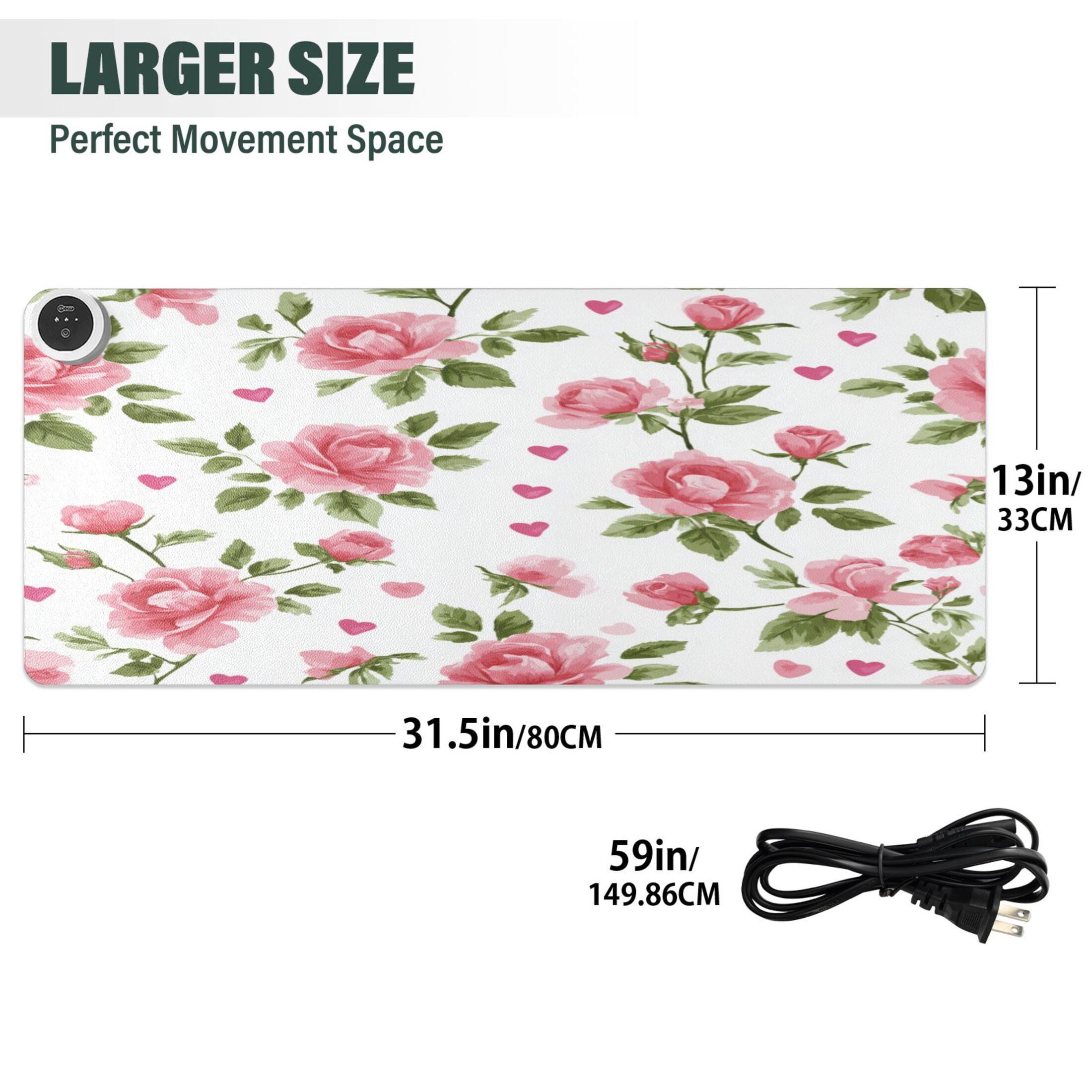 Large Heated Desk Mat Mouse Pad 31.5"x13"PU Leather Graphene Heating Desk Warmer with 3 Temperature Settings 110V US Plug Non-Slip Warm Pad for Home, Office, and Gaming Floral Rose Seamless Print
