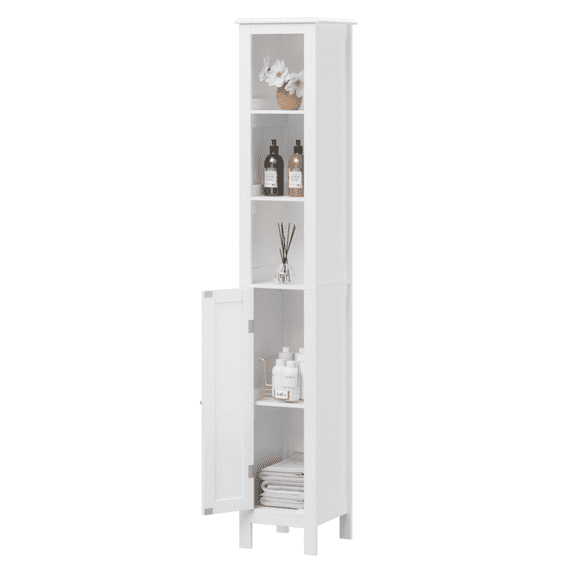 IVV 66.92"H Freestanding Cabinet with 1 Door & Adjustable Shelves, Modern Slim Cabinet w/ Anti-Tip, Open Compartments for Home Office Small Space Living Room Bedroom Bathroom, White