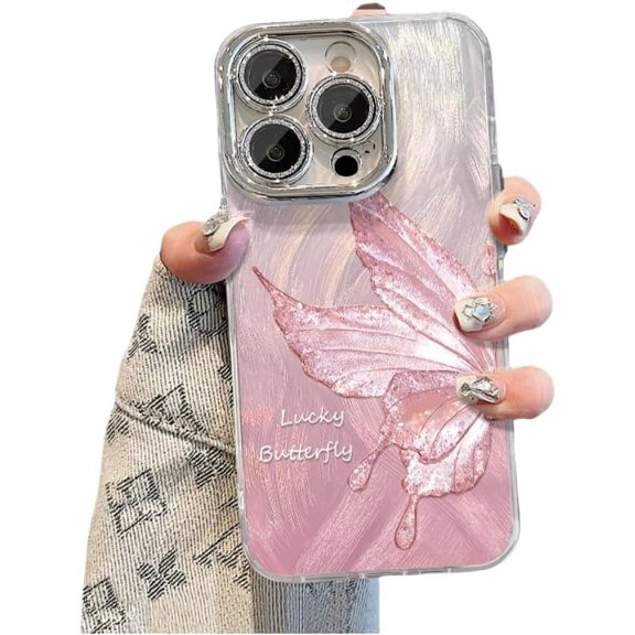 Electroplated Butterfly Glitter Feathered Case with or Without Chain, Lens Film Fully Covered, Drop Proof for iPhone 15 14 13 12 11 Pro Max XS XR X Phone Case (Pink 1,iPhone 11)