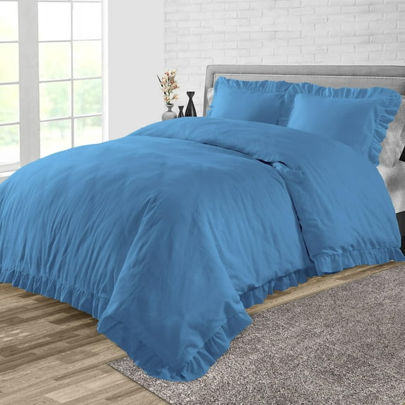 Duvet Cover 3 Piece Egyptian Cotton Cozy & Breathable 600 Thread Count Trimmed Ruffle Duvet Covers with Zipper Closure & Corner Ties Soft Comforter Cover (King/Cal King, Mediterranean Blue )