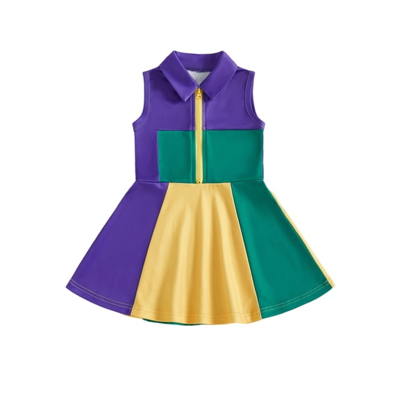 BemeyourBBs Kids Toddler Baby Girls Mardi Gras Outfits Carnival Clothes Summer A-line Dress Sleeveless Lapel Zip Up Contrast Color Dress
