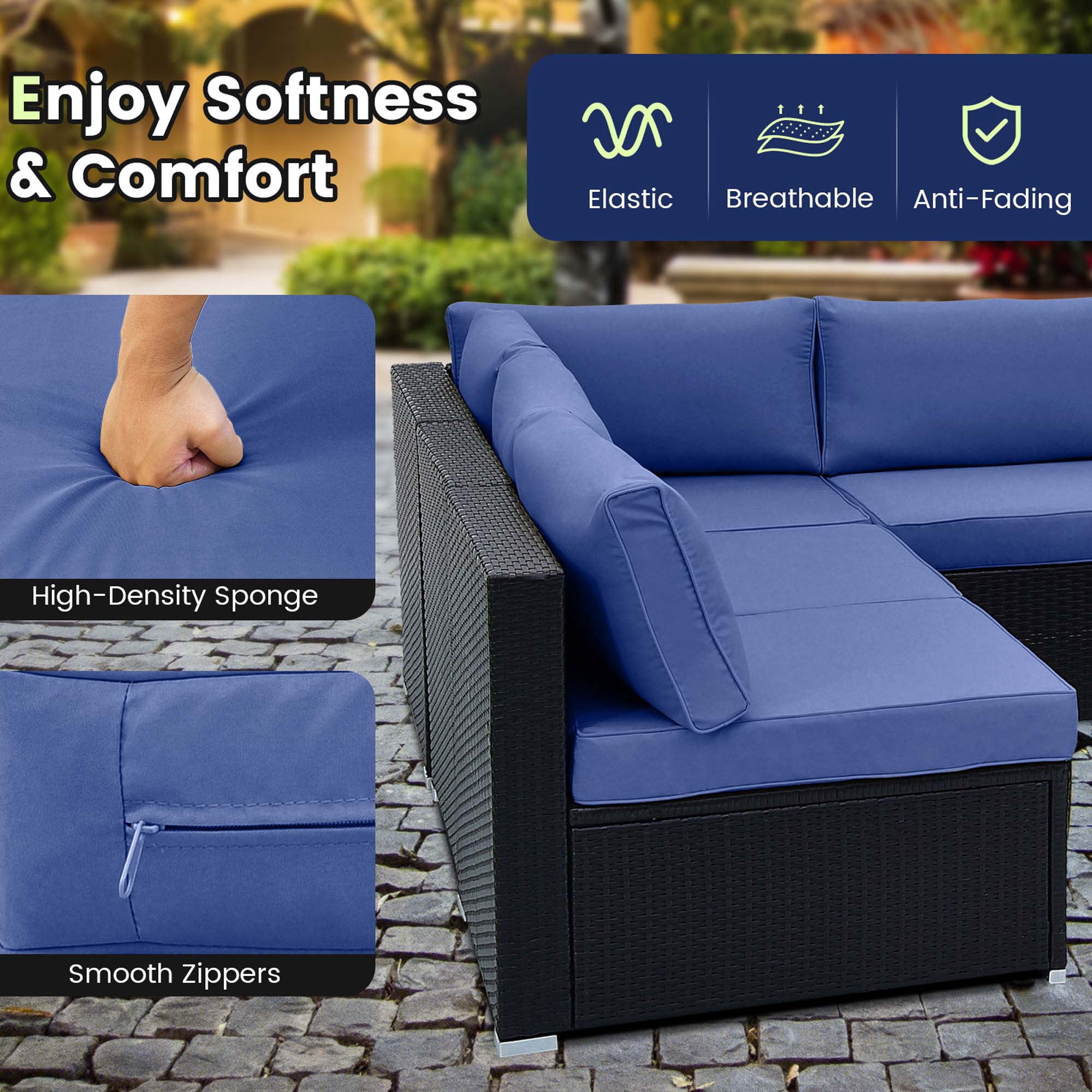 Costway 10 PCS Patio Rattan Furniture Set Outdoor Wicker Sofa Table Cushioned Seat Navy
