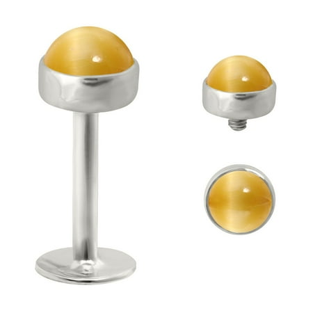 - 14K Gold Gold Internally Threaded Labret With 4Mm Tiger Eye Honey Cabochon,Gauge (Thickness):14 (1.6Mm),14K White Gold,1/4