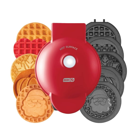 Dash Holiday Multimaker Mini System - Waffle Maker With Six 4 Removable Holiday Plates: Waffle Iron & Griddle, 4-In-1 Mini Waffle Maker For Kids And Families - Nonstick Surface, Santa Waffle (Red)