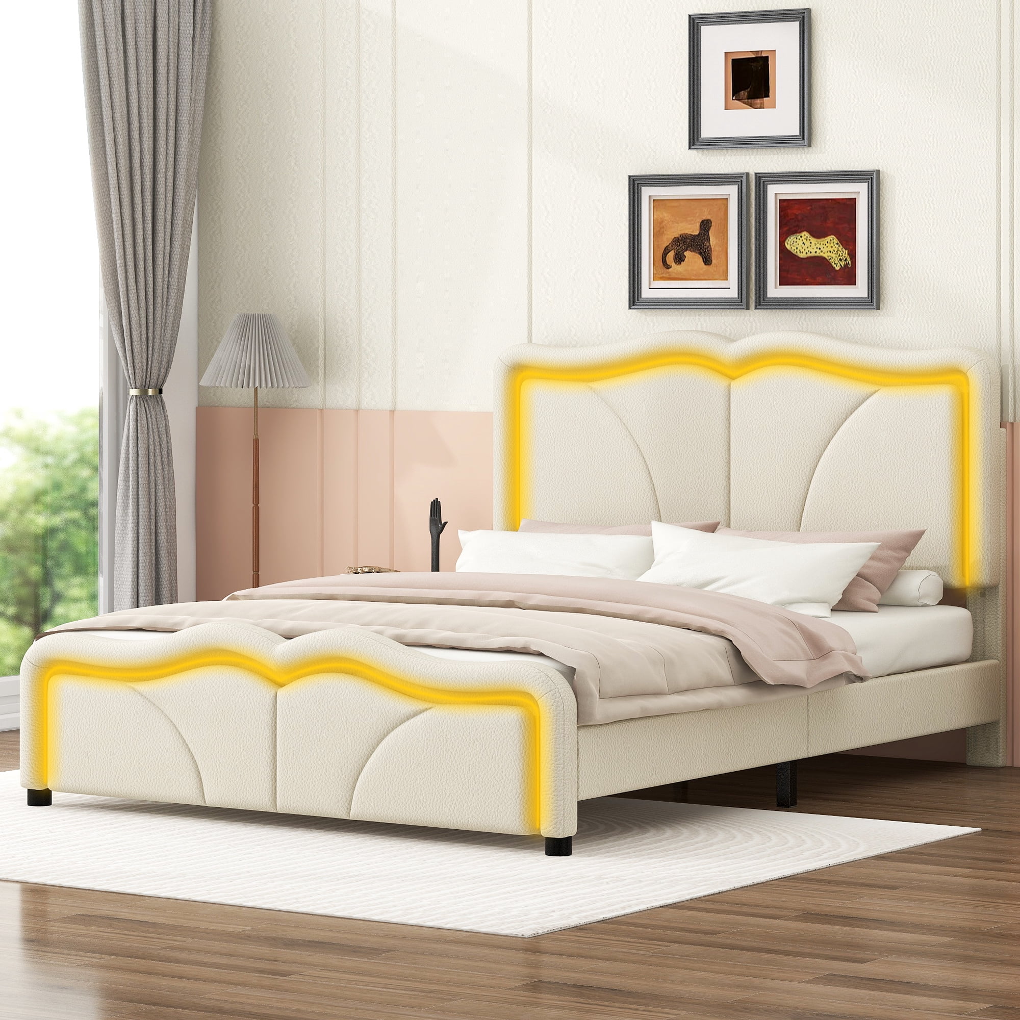EUROCO Upholstered Full Platform Bed, Cartoon Bed with Adjustable Headboard and LED Light for Toddler Kids Teens Adults, No Box Spring Needed, Beige