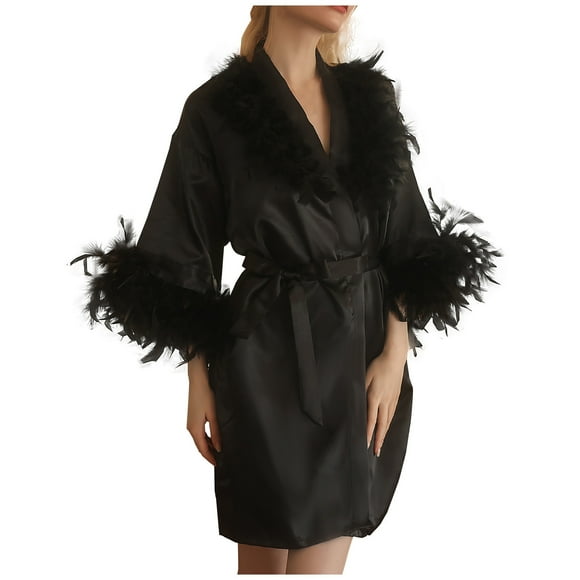 Women's Satin Robe, Bathrobe for Bride Long Bridesmaids Dressing Gown Wedding Party Patchwork Sleepwear Black M