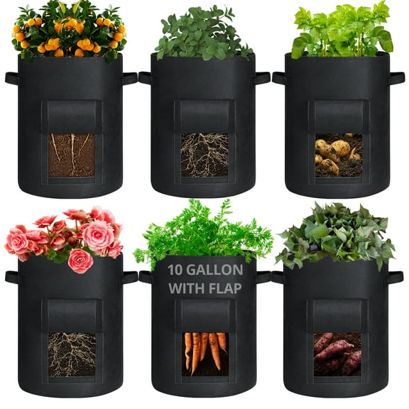 GOTGELIF 6 Pack 10 Gallon Potato Grow Bags with Flap, Thickened Nonwoven Fabric Grow Bags for Growing Potatoes, Carrots, Onion, etc Vegetables, Plants & Fruits - Black