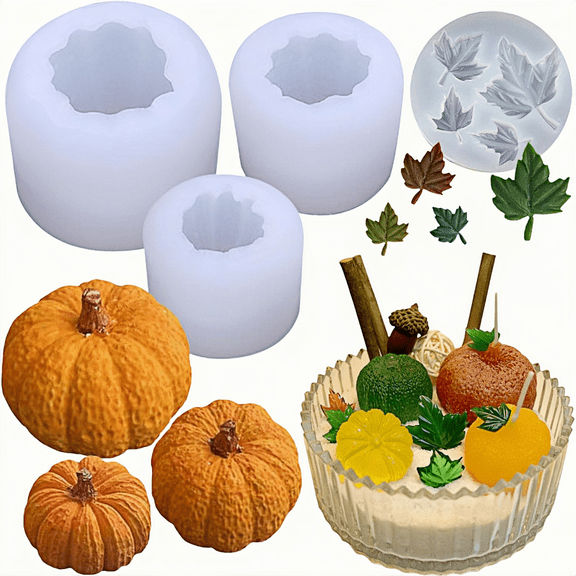 4 Pack Pumpkin Candle Molds with Leaf Mold, Silicone Molds for Candles Soap, Halloween Resin Molds