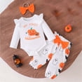 thumbnail image 2 of CAICJ98 Newborn Baby Girl Halloween Outfit Ruffle Long Sleeve Romper Bodysuit Bow Pants Set with Headband Cute Infant Fall Winter Clothes (Orange,3-6 Months), 2 of 4