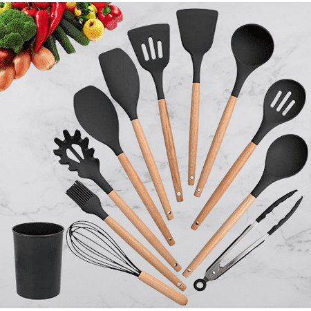 

12 Pcs Silicone Kitchen Utensils Set with Holder Wooden Handles Heat Resistant & BPA Free & Non-Toxic(black)