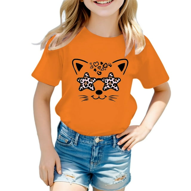 T-shirts pour Petites Filles, Joli Graphique, Col Rond, Manches Courtes, T-Shirt d'Été Décontracté pour Enfants, Taille 8-9T