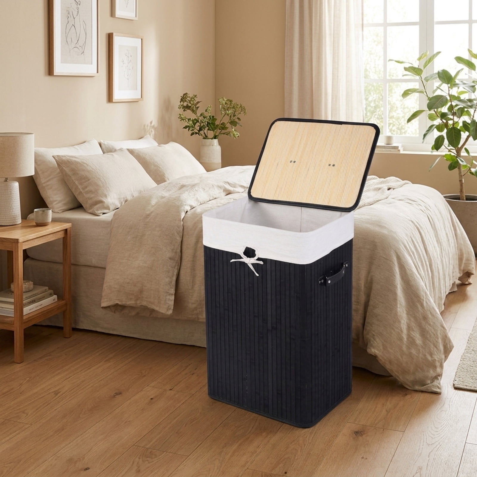 SUGIFT Rectangle Bamboo Laundry Hamper with Lid and Removable Liner, Woven Laundry Basket for Bathroom Bedroom, Black