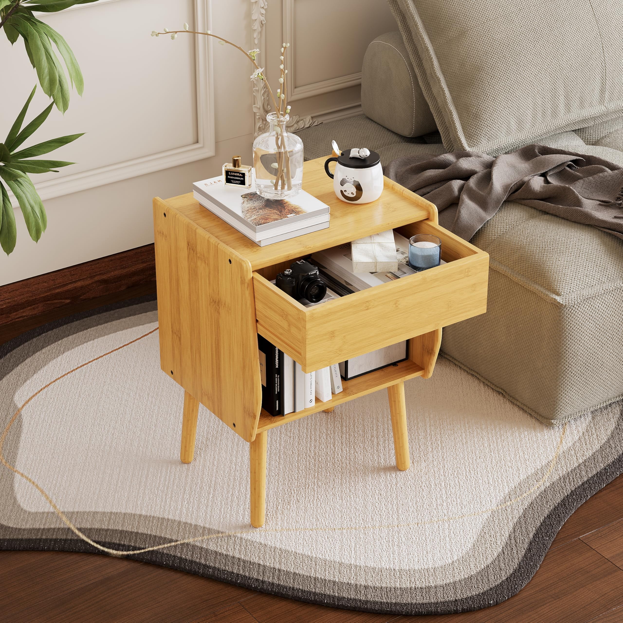 ULIESC Bamboo Nightstand with Drawer, Modern Nightstand with Open Shelf, Natural Wood Bedside Table