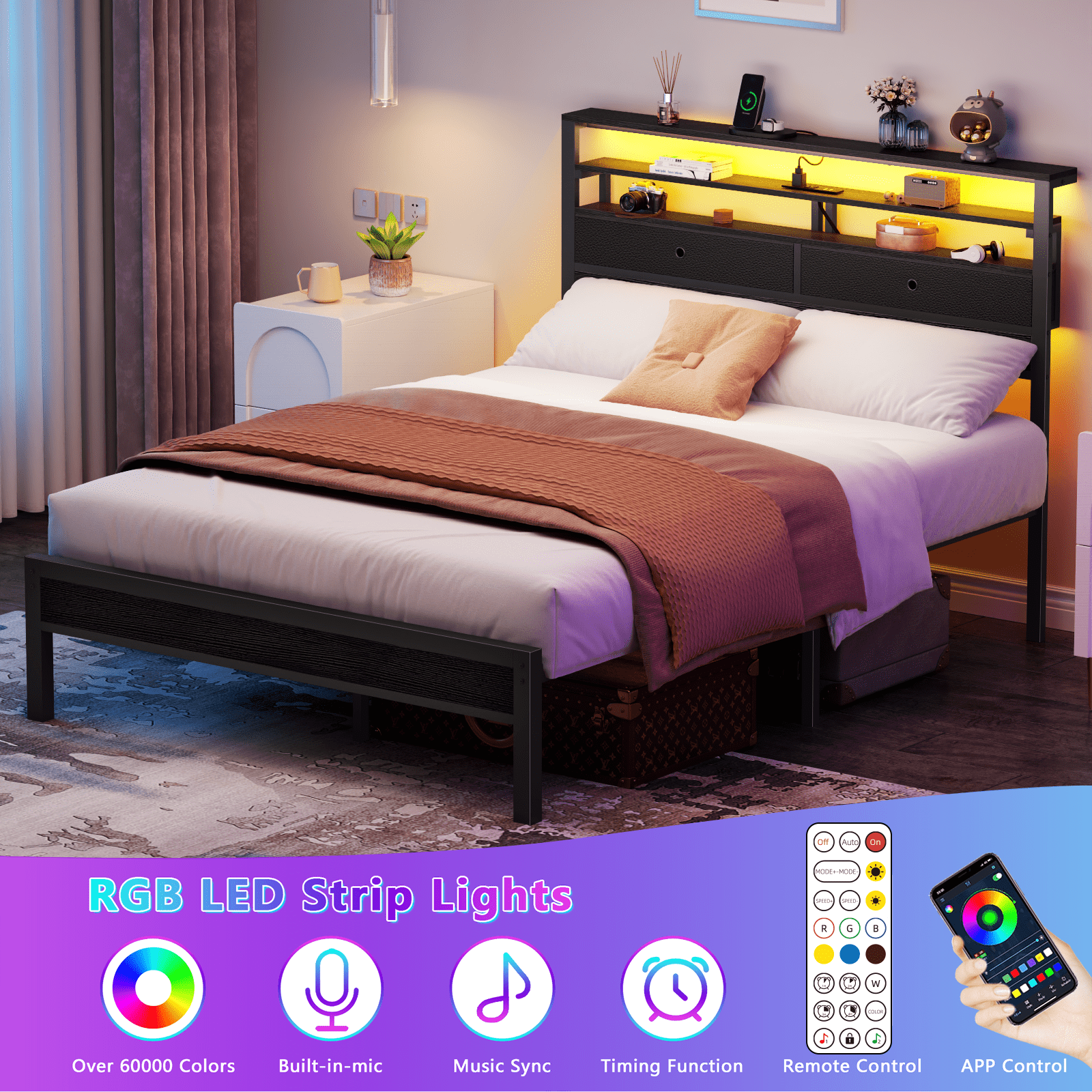 BYT Full Size Bed Frame with 2 Storage Drawers Headboard, LED & Charging Station, Black oack