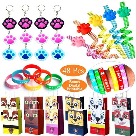 48 Pc Dog Paw Theme Party Supply Puppy Theme Paper Bags Wristband Straws Keychain Paw Favors For Kid Birthday