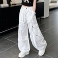 thumbnail image 5 of vdgthytj Girls Cargo Pants Fashion Baggy Wide Leg Drawstring Elastic Streetwear Fall Casual Outdoor Travel Trousers with Multi Pockets(14-15 Years,White), 5 of 7