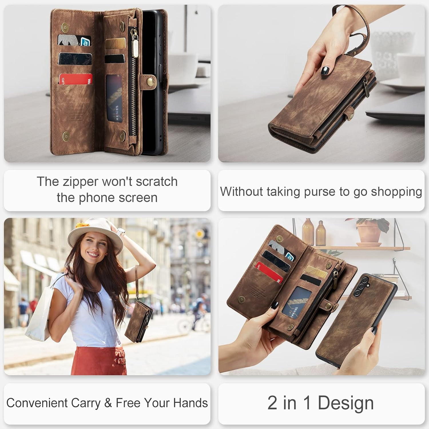 Phone Case for Samsung Galaxy A13 5G Zipper Wallet Detachable Cover with Tempered Glass Screen Protector and Flip Card Holder Cell Accessories Gaxaly A 13 G5 2022 13A A135G SM A136U Men Brown