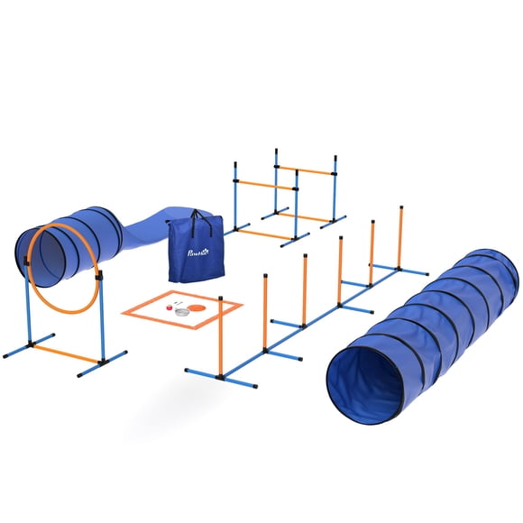 11-Piece Dog Agility Training Equipment Set with 2 Tunnels & Adjustable Jumps, PE & Oxford Cloth Pet Obstacle Course for Indoor/Outdoor Exercise, Orange, All Breeds