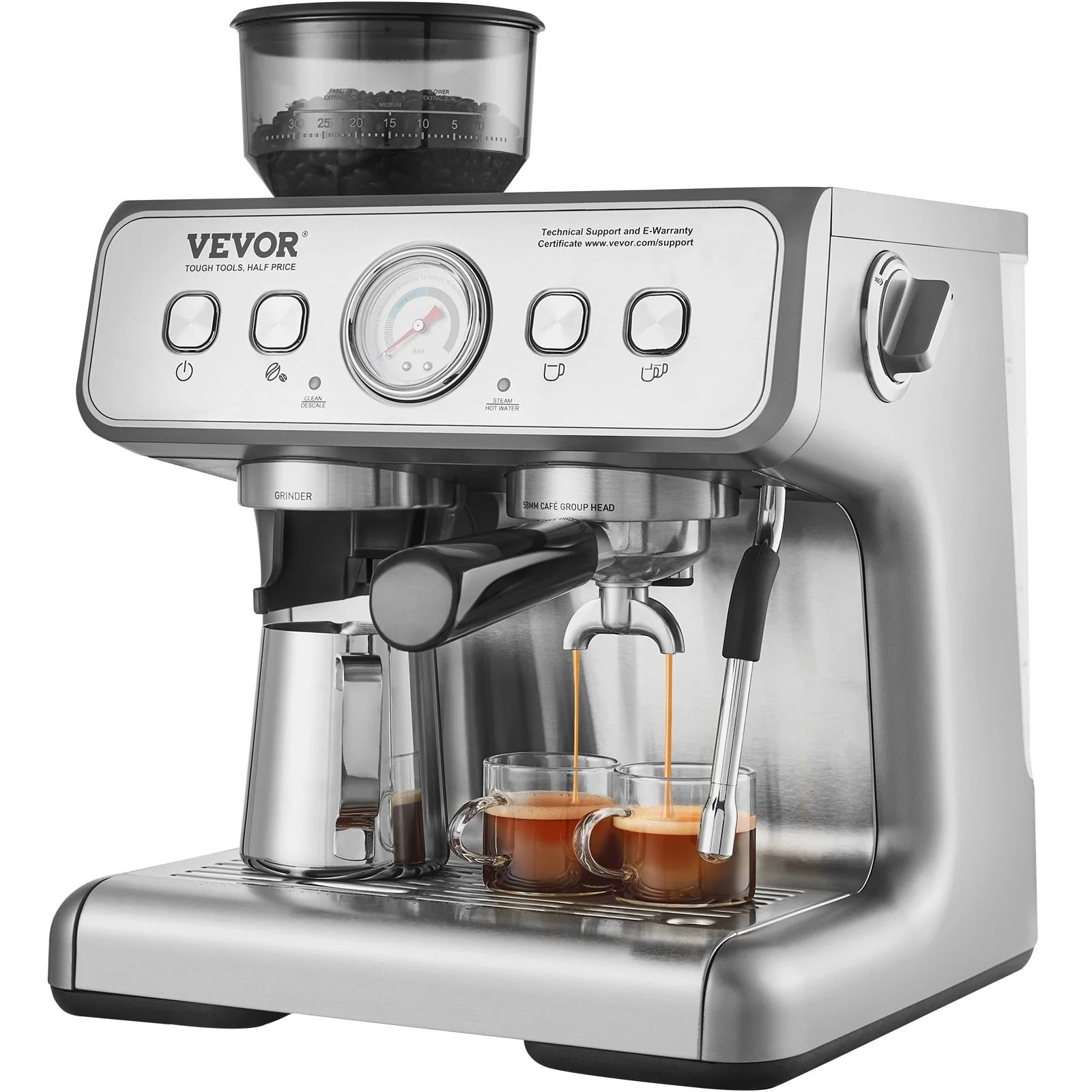 Vevor BZDYSKFJYMKAH5JSRV1 15 Bar Semi-Automatic Espresso Coffee Maker with Milk Frother Steam Wand