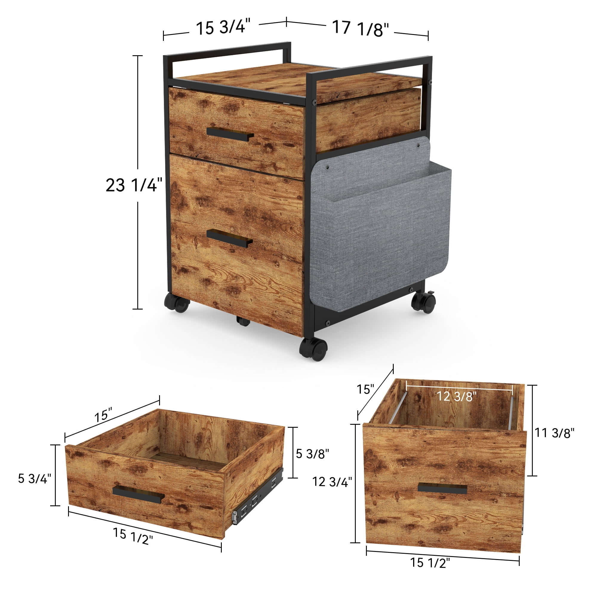 Designa File Cabinet 2 Drawers, Rolling File Cabinet with Bag for Home Office, Under Desk Rolling File Cabinet, Wood Filing Cabinet, Printer Stand with Storage, Rustic Brown