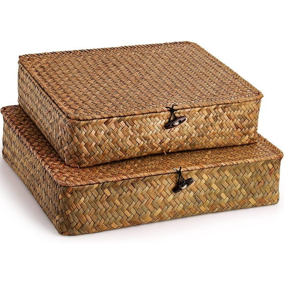 2 Pack Seagrass Baskets With Lid, Wicker Storage Baskets Flat Rattan Storage Bins, Woven Organizer Baskets For Shelf, Closet, Bedroom
