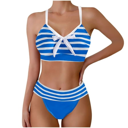 Arnsht Women s High Waisted Bikini Sets Striped Color Block Two Piece Swimsuit Scoop Neck Strap Crop Top Cheeky Bathing Suits Blue M